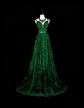 Modest A line Spaghetti Straps Dark Green Tulle With Appliques Long Prom Gown Party Wear Dresses N1847