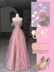Modest Prom Dresses A line Strapless Sequined Pink Long Formal Dance Dress N2979