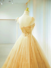 Beautiful Prom Dresses Ball Gown Spaghetti Strap Yellow Tulle With Beading Long Formal Gown N2932