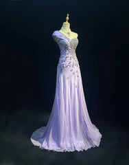 Elegant A Line One Shoulder Lilac Chiffon With Silver Beaded Bodice Formal Dress Long Prom Dresses N2725