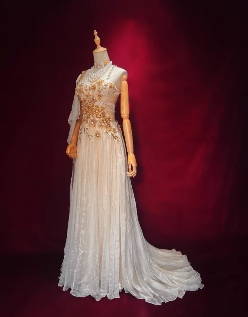 Beautiful Prom Dresses A line Straps Light Champagne Chiffon With Cape Long Evening Outfits N3439