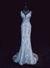 Vintage Prom Dresses Inspo Mermaid V Neck Light Sky Blue Long 1990s With Lace Appliqued Formal Gowns N3359