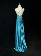 Vintage Prom Dresses Inspo Mermaid Spaghetti Strap Blue Satin 80s With Beaded Formal Gowns N3353