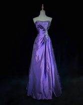 Vintage Prom Dresses Ball Gown Strapless Purple With Gold Lace Applique 80s Long Formal Evening Outfits N3886