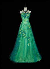 Vintage A Line Sweetheart Green Tulle With Beads Gem Crystals Formal Dress Long Prom Dresses N2699