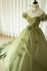 Modest Prom Dresses Ball Gown Off The Shoulder Sage Green Tulle With Sleeves Long Quince Dress N2968