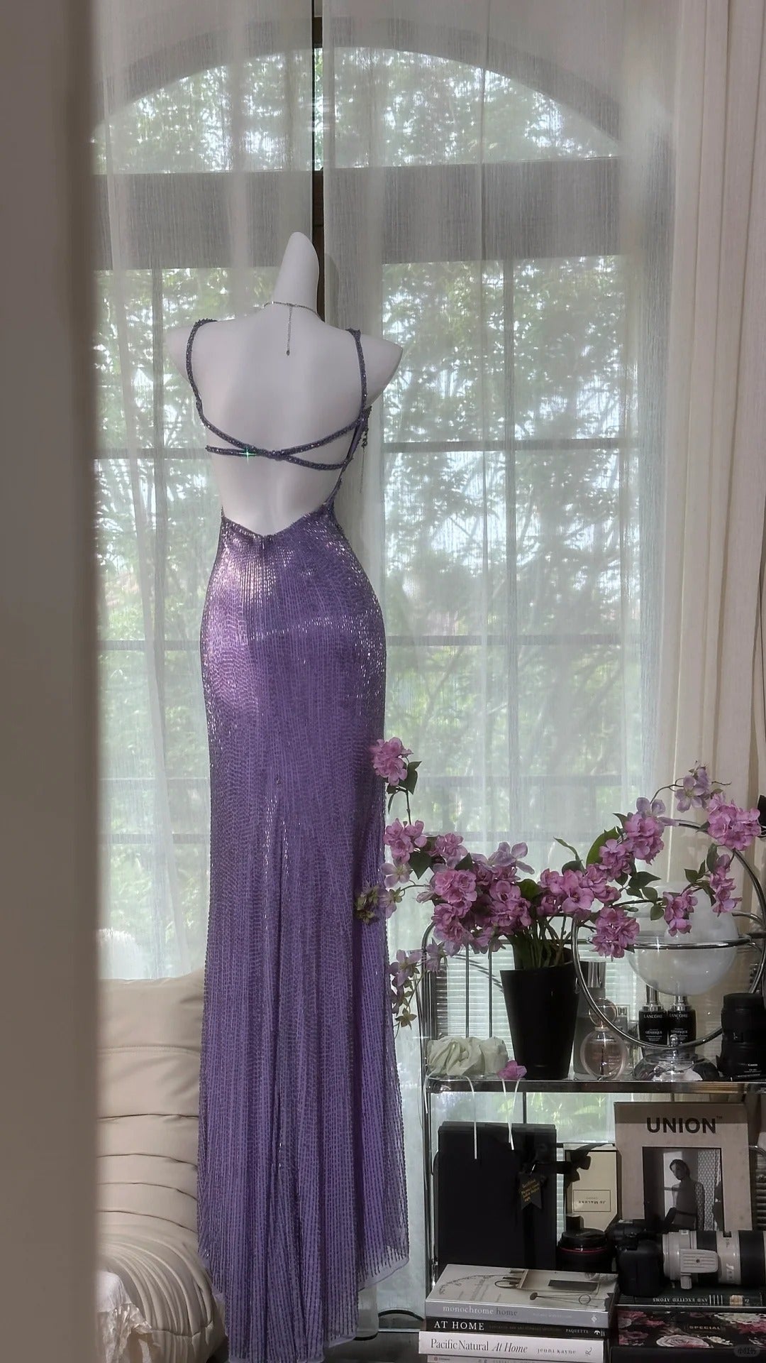 Elegant Prom Dresses Mermaid Spaghetti Strap Purple Sequin Slit Floor Length Formal Evening Outfits N3532