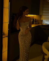 Modest Senior Prom Dresses High Schools Inspiration Mermaid Off The Shoulder Sequin Gold With Slit Semi Formal Grad Long Prom Dress For Teens AB1963