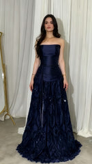 Elegant Straps Sheath Midnight Blue Long Prom Dresses Satin Midnight Blue Evening Gown N1863