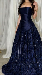 Elegant Straps Sheath Midnight Blue Long Prom Dresses Satin Midnight Blue Evening Gown N1863
