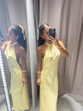 Simple Mermaid Halter Slim Yellow Silky Satin Long Formal Fancy Prom Backless Evening Dress Dinner Outfits Classy Party Gowns AB2031