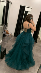 Classy Ball Gown V Neck Dark Green Tulle Appliques Prom Dresses Party Dress Long Evening Dresses AB2153