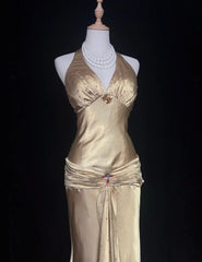 Charming Prom Dresses Mermaid Halter Gold With Beaded Long Formal Evening Outfits N3693