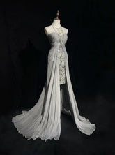 Vintage 90s Prom Dresses Sheath Sweetheart High Low Silver Grey Chiffon Long Prom Gown N3020