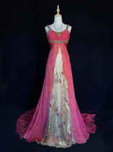 Vintage Prom Dresses A Line Halter Hot Pink Chiffon With Gold Lace Long Formal Evening Outfits N3856