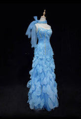 Elegant Sheath Spaghetti Strap Blue Chiffon With Beaded Bodice Formal Dress Long Prom Dresses N2727