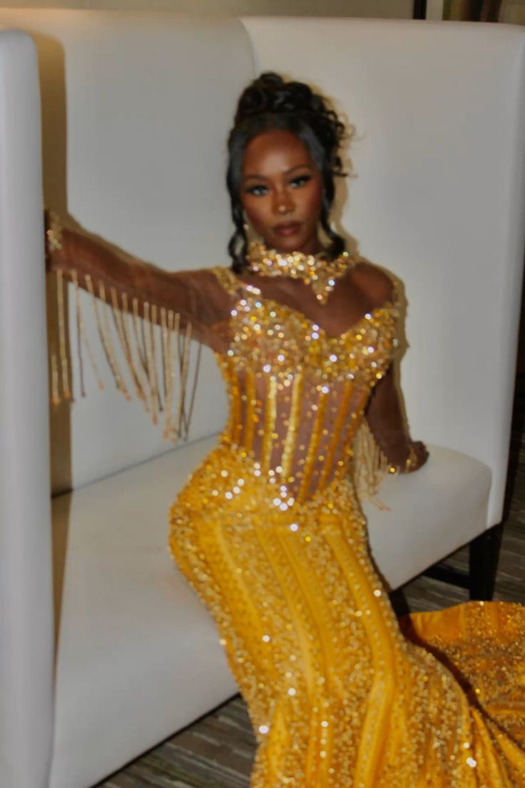 Glitter Sequins Mermaid Strapless Yellow Sequin For Black Girls Women Party Evening Prom Dresses N1511