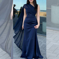 Elegant Mermaid One Shoulder Navy Blue With Sleeves Winter Long Formal Ideas Prom Evening Dress Dinner Outfits Party Gowns For Women AB2036