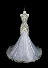 Vintage 1960s Mermaid High Neck Sleeveless Tulle Light Sky Blue Long Prom Formal Dresses N1581