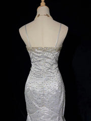 Classy Prom Dresses Inspiration Mermaid Spaghetti Strap Silver Gala Satin Beaded Vintage Formal Dress N3182