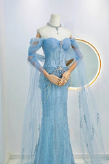 Sparkly Mermaid Off The Shoulder Blue Sequined Long Prom Dresses Party Dress Birthday Outfits Graduation Gown N2842