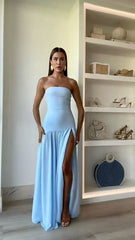 Light Blue Mermaid Long Prom Dress Strapless Slit Vintage Evening Dress AB1667