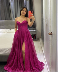 Glitter A Line Spaghetti Straps Fuchsia Sequin Split Inspo Formal Party Gowns Long Prom Dresses AB1739