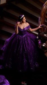 Chic Ball Gown Off The Shoulder Grape Sequin Long Formal Fancy Prom Evening Dress Dinner Outfits Party Gowns For Teens Girls AB2158