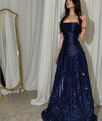 Elegant Straps Sheath Midnight Blue Long Prom Dresses Satin Midnight Blue Evening Gown N1863