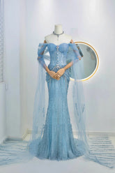 Sparkly Mermaid Off The Shoulder Blue Sequined Long Prom Dresses Party Dress Birthday Outfits Graduation Gown N2842