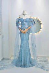 Sparkly Mermaid Off The Shoulder Blue Sequined Long Prom Dresses Party Dress Birthday Outfits Graduation Gown N2842
