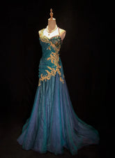 Modest Prom Dresses Mermaid Spaghetti Strap Blue Tulle Sleeveless Long Formal Evening Outfits N3632