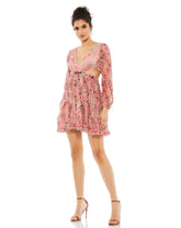 Long Sleeve Floral Print Short Cocktail Dress Floral Print Cocktail Short Long Sleeve Mac Duggal A9151