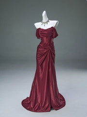 Elegant Pleated Satin Formal Mermaid Evening Dress,Fahsion Graudation Prom Dresses With Off-The-Shoulder N1870