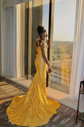 Elegant Mermaid Yellow Sequins Corset Top Sleeveless Formal For Women Girls Teens Prom Dresses N2281