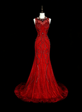 Vintage Mermaid Scoop Red Tulle 80s Evening Gowns Formal Birthday Dress Long Prom Dresses N1759