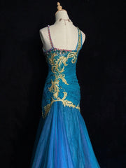 Modest Prom Dresses Mermaid Spaghetti Strap Blue Tulle Sleeveless Long Formal Evening Outfits N3632