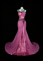 Vintage 1960s Mermaid Sweetheart With Straps Pink Satin Sleeveless Long Prom Formal Dresses N1597