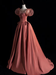 Classy Ball Gown Scoop Pink Satin With Short Sleeves Long Inspo For Women Girls Formal Party Gowns Long Formal Prom Dresses AB1984