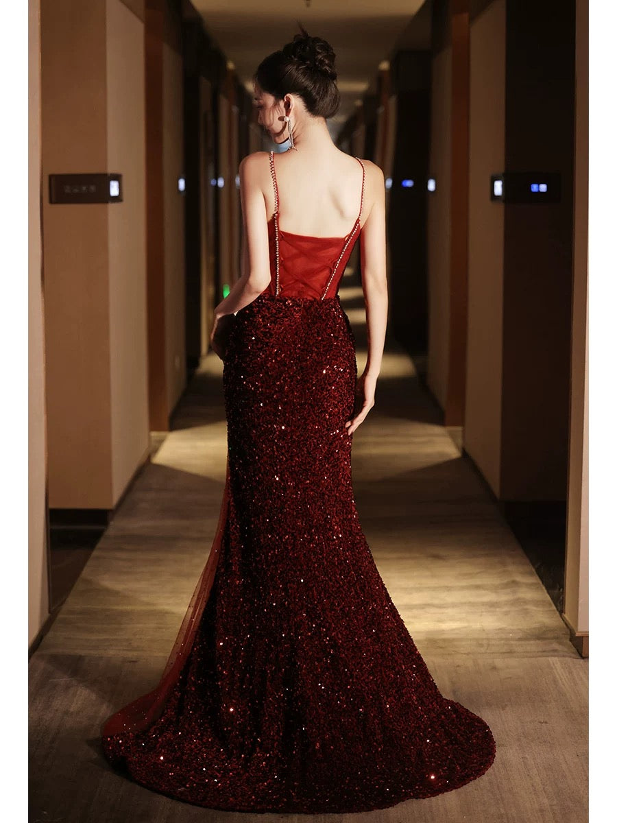 Sparkly Mermaid Spaghetti Straps Sequins Burgundy Long Formal Fancy Prom Evening Dress Dinner Outfits Classy Party Gowns AB2047