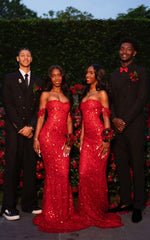Glitter Mermaid Off The Shoulder Red Sequins Long Formal Fancy Prom Evening Dress Dinner Outfits Classy Party Gowns For Black Girls AB2086