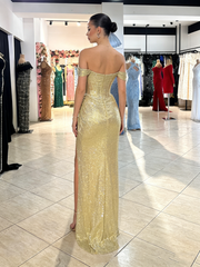 Modest Senior Prom Dresses High Schools Inspiration Mermaid Off The Shoulder Sequin Gold With Slit Semi Formal Grad Long Prom Dress For Teens AB2118