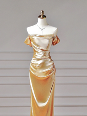 Chic Prom Dresses Aesthetic Mermaid Off The Shoulder Gold With Pleated Inspiration Impress Long Party Formal Gown For Teenagers High Schools AQ013