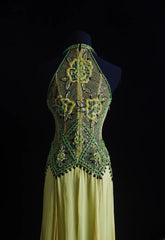 Vintage Prom Dresses 90s Formal A line High Neck Green Chiffon With Beadings Long Party Gowns Prom Dresses AS018