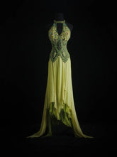 Vintage Prom Dresses 90s Formal A line High Neck Green Chiffon With Beadings Long Party Gowns Prom Dresses AS018