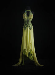 Vintage Prom Dresses 90s Formal A line High Neck Green Chiffon With Beadings Long Party Gowns Prom Dresses AS018