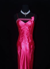 Vintage Prom Dresses 90s Formal Mermaid Spaghetti Straps Hot Pink Satin With Beadings Long Party Gowns Prom Dresses AS019