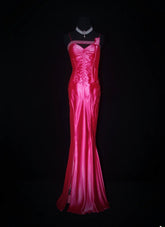 Vintage Prom Dresses 90s Formal Mermaid Spaghetti Straps Hot Pink Satin With Beadings Long Party Gowns Prom Dresses AS019