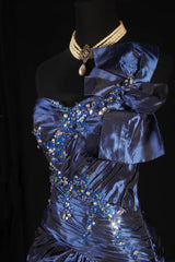 Vintage Prom Dresses 90s Formal A line One Shoulder Navy Blue Satin With Beadings Long Party Gowns Prom Dresses AS021