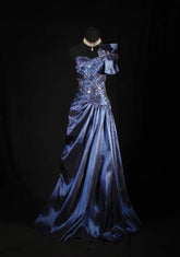 Vintage Prom Dresses 90s Formal A line One Shoulder Navy Blue Satin With Beadings Long Party Gowns Prom Dresses AS021